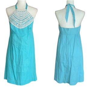 Lilly Pulitzer Brighton Turquoise & White Crochet Sateen Halter Dress - 8